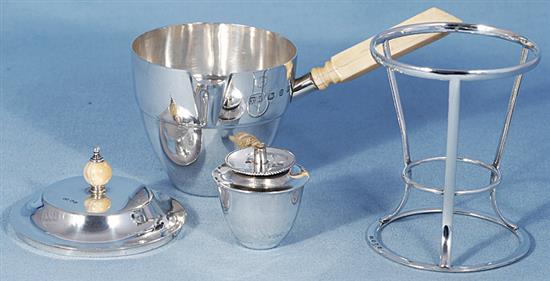 A late Victorian silver brandy pan, cover, burner and stand, by Thomas White, Height 178mm Gross weight 12.1oz/379grms